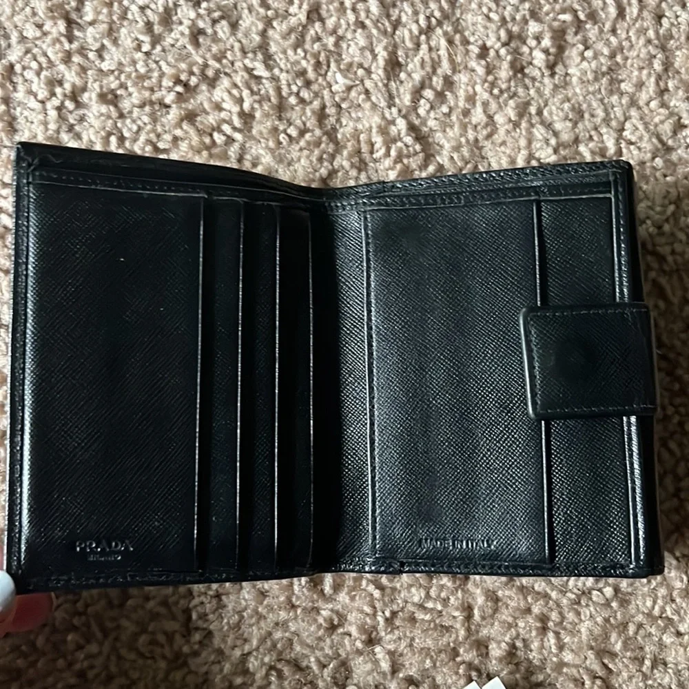 Prada black leather snap wallet